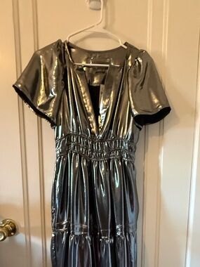 Anthropologie Silver Shiny V-Neck Dress Petite